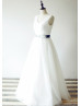 Ivory Pleated Tulle Lace Long Wedding Dress With Flower Sash